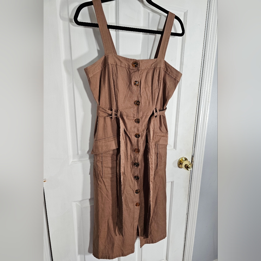Melloday Dress Women's Medium Sleeveless Stretch Belted Waist Front Buttons-Brwn